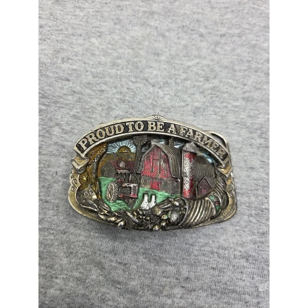 Vintage 1984 Proud to be a Farmer US Agriculture Enamel USA Belt Buckle Heavy